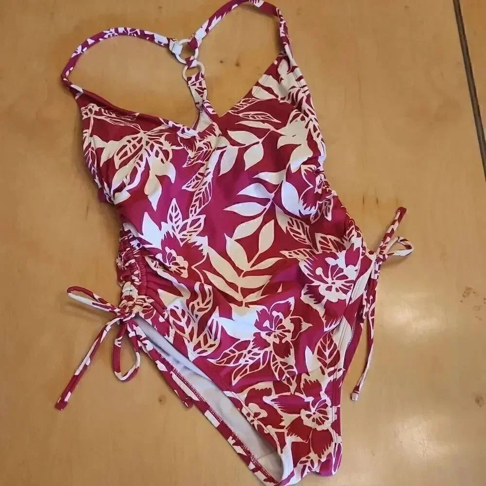 Kona sol pink and white tropical one piece swimsuit size S